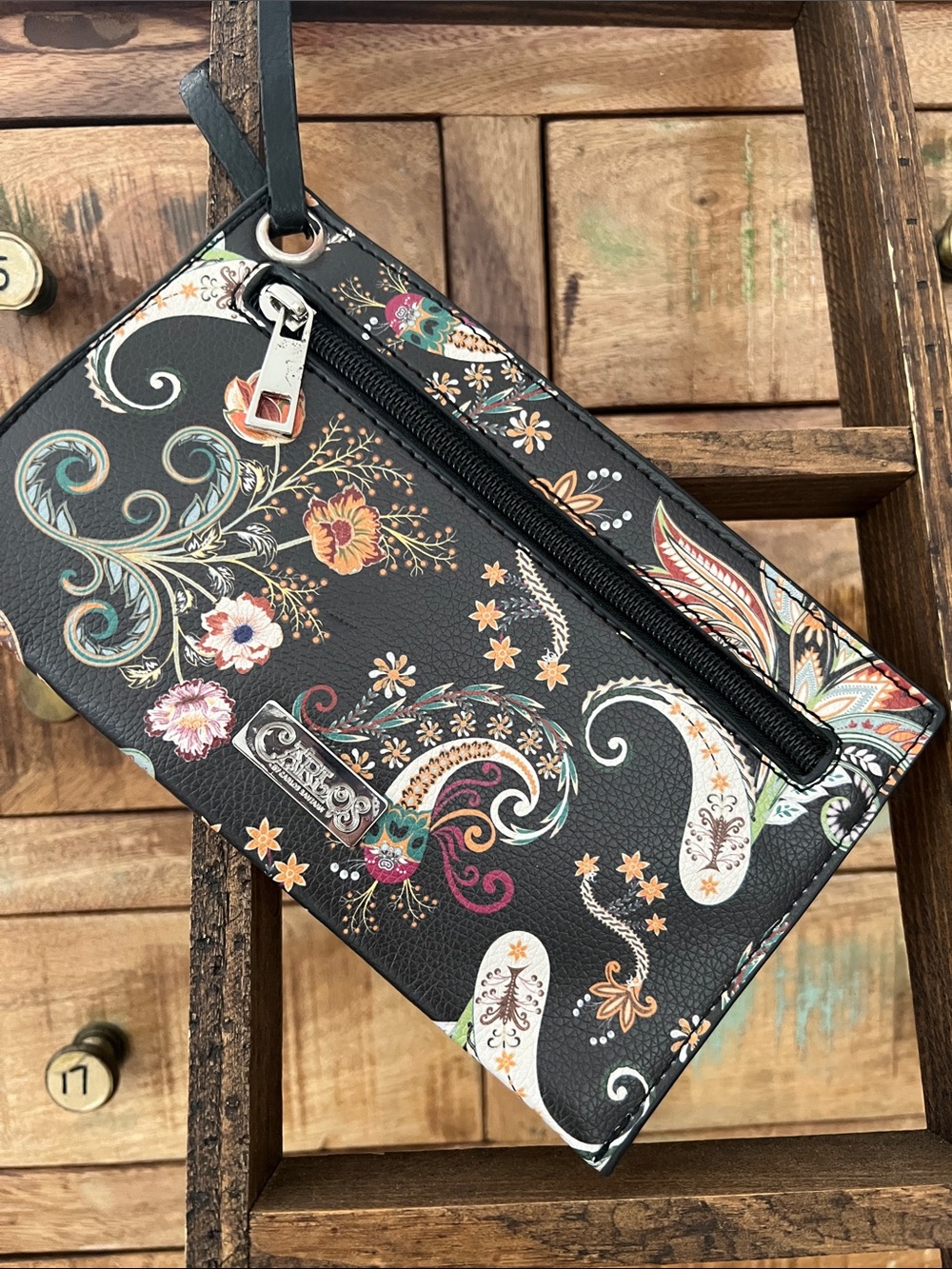 Carlos Santana Black Floral Paisley Wristlet Clutch